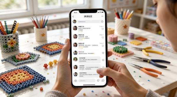 拼豆派社区互动页面,手机屏幕内显示用户动态列表与评论区,画面主体为手机界面,背景为明亮的手工教室场景,桌上摆放拼豆作品与工具,人物手部正在操作手机,整体风格生活化