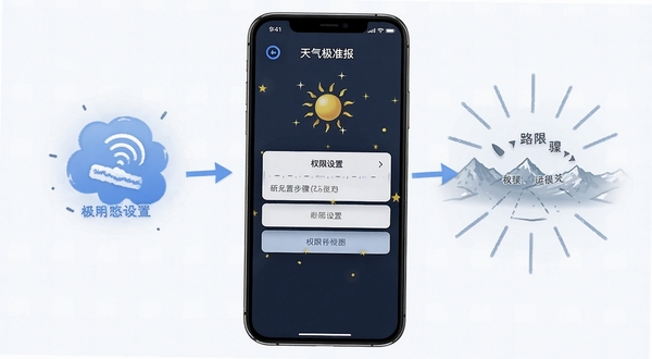 天气极准报使用教程示意图，手机屏幕展示权限设置步骤