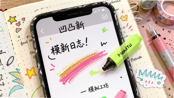 凹凸手写模拟工坊更新日志展示图，画面中以手机截图形式展示新增的荧光笔笔触效果，背景为手账风格，色彩明亮，突出更新亮点，整体风格活泼，适合用于版本更新说明配图