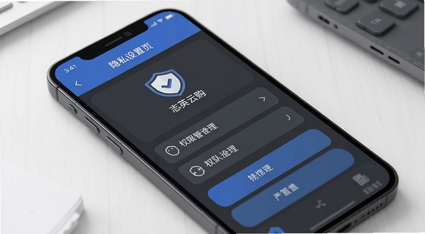 志英云购隐私设置页面示意图,手机屏幕显示权限管理选项,界面以深灰色和蓝色为主色调,突出安全与隐私保护的视觉感受,背景简洁,适合Boogu模型生成