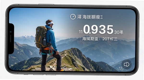 海拔勘测助手手机应用界面,主体显示当前海拔高度数字与经纬度坐标,背景为户外登山者站在山脊眺望远方的实景,画面清晰明亮,突出海拔数据的实时性与专业性
