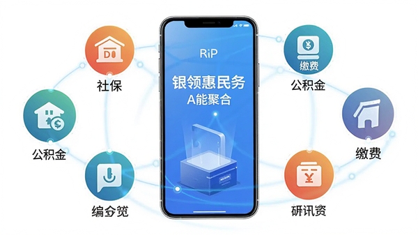 银领惠民APP功能聚合示意图,画面中央为智能手机,周围环绕社保、公积金、缴费、资讯等图标,体现一站式服务特点