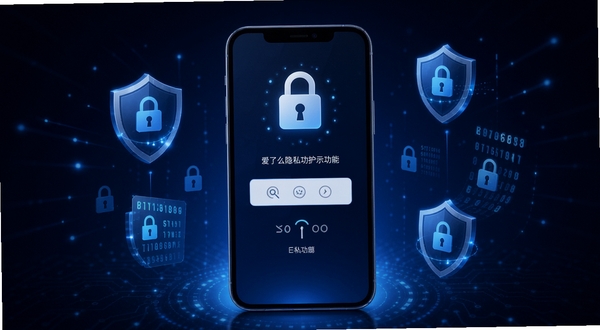 爱了么隐私保护功能示意图，画面主体为带锁图标的手机屏幕，屏幕内显示密码输入界面，背景为深色科技感渐变，周围环绕盾牌和数据加密符号，整体传达安全可靠的视觉感受
