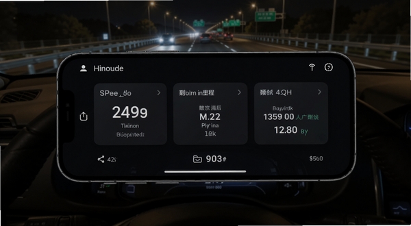 极巡智行驾驶辅助信息面板特写,手机横屏显示车速、剩余里程与预计到达时间卡片,背景为夜间高速公路场景,画面强调深色主题与数据可读性