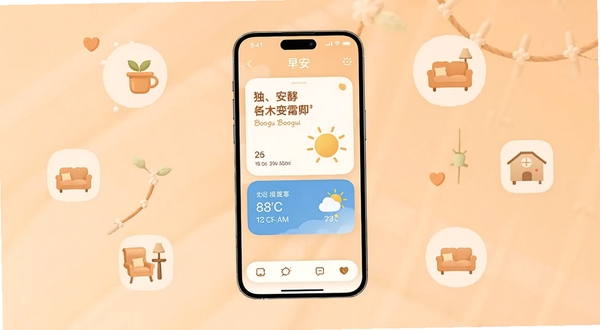早安家应用主界面全景展示,画面中央为手机屏幕,屏幕上呈现温馨的早安问候卡片与天气信息,背景为柔和的浅橙色渐变,周围点缀简约的居家元素图标,整体风格清新温暖,适配Boogu模型生成