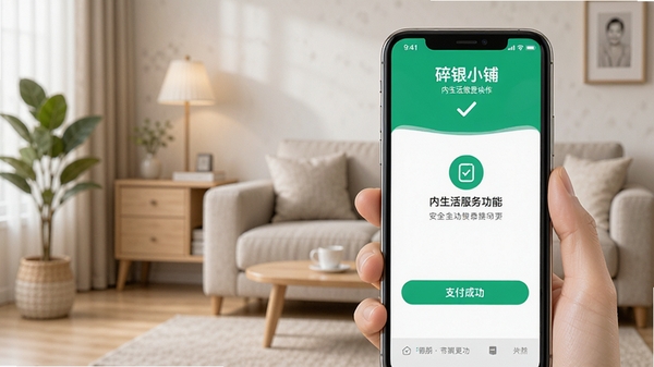 碎银小铺内生活缴费功能操作截图,画面展示手机支付成功页面,背景为一张整洁的居家环境,凸显生活服务的便利性,强调安全与快捷