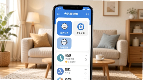 大洗事师傅APP主界面展示，手机屏幕占据画面中央，背景为温馨明亮的客厅场景，界面显示服务分类图标与附近师傅列表，采用扁平化设计风格，色彩以蓝白为主，整体观感清爽专业，突出生活服务便利性，适合Boogu模型生成