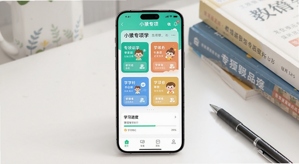 画面中央展示一部智能手机，屏幕上呈现小猿专项学APP的首页界面，界面中清晰可见各学科专项训练模块与学习进度条，背景区域为整洁的书桌一角，放置着几本教科书与一支笔，光线柔和明亮，整体风格清新简洁，适合教育类软件宣传图，构图采用中心对称，手机屏幕内容为视觉焦点