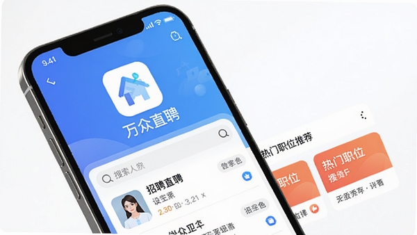 万众直聘主界面预览图,手机屏幕显示招聘列表、搜索框和热门职位推荐,背景为简约蓝色渐变,主体突出应用图标和“万众直聘”字样,画面清晰明亮,适配移动端UI设计风格
