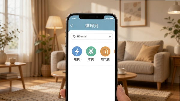 手机屏幕显示“徽周到”缴费页面,包含电费、水费、燃气费图标,背景为温馨的家庭客厅场景,光线柔和,突出便捷生活主题,竖版构图。