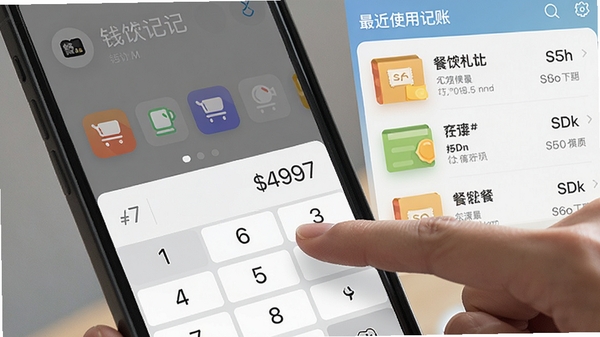 钱袋札记极速记账操作演示图,手指点击屏幕上的餐饮分类图标,弹出数字键盘输入金额,界面简洁流畅,背景展示最近使用的记账模板列表