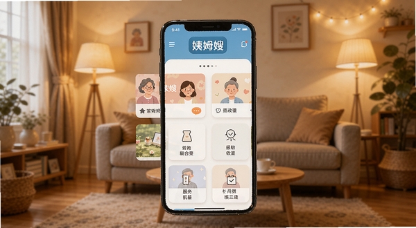 姨姆嫂软件主界面全貌展示，画面中心为手机屏幕内呈现家政服务卡片与功能入口，背景为温馨居家客厅环境，暖色调光线，扁平化UI风格，突出姨姆嫂品牌标识与清爽布局，适配Boogu模型生成