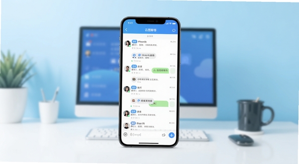 云图聊客应用主界面全景展示，画面中央为手机屏幕正视图，屏幕内呈现聊天列表与输入框布局，背景为浅蓝色渐变桌面环境，整体风格简洁明亮，突出社交软件核心交互区域，适配Boogu模型生成。