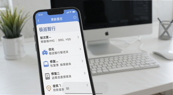 极巡智行更新日志界面截图,手机屏幕显示版本更新列表与优化条目,背景为简洁办公桌面场景,画面突出新增与修复内容,整体色调柔和