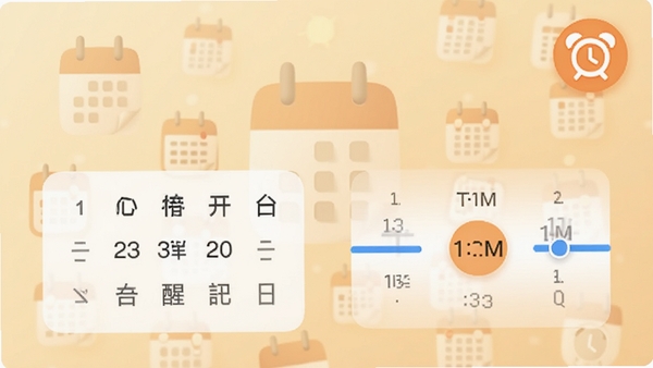 心愿清单APP提醒设置界面,显示日期选择器和时间滚动条,背景有日历图标,右上角有闹钟标识,整体色调温馨,突出智能提醒功能