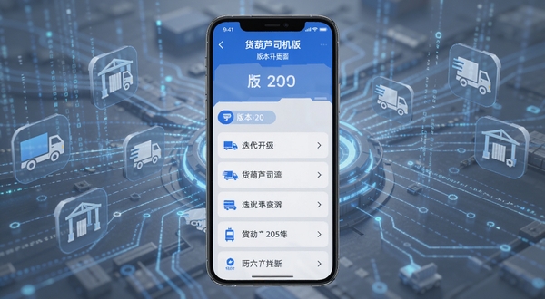 货葫芦司机版版本更新界面截图，手机屏幕居中，背景为科技感数据流与货运图标，画面中显示版本号与更新条目列表，色调以蓝白灰为主，突出迭代升级氛围，适配Boogu模型生成。