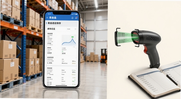 画面中央放置一部智能手机，屏幕显示易金晶进销存的库存总览界面，背景为整洁的仓库货架与打包纸箱，右侧区域留白用于展示商品条码扫描枪与账本，整体呈现商务蓝与暖白配色，突出移动进销存的便捷感与专业感
