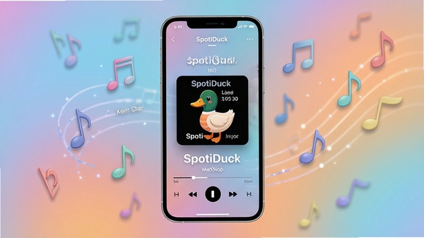 SpotiDuck音乐播放界面全览,手机屏幕展示着动态歌词与专辑封面,背景是柔和渐变色,周围有悬浮的音符元素,整体风格现代简约,高清渲染