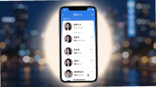 缘来附近应用主界面预览图,手机屏幕显示附近的人列表,背景为模糊的城市夜景,人物头像清晰,界面风格清新简洁,整体色调以蓝色和白色为主,突出社交属性,画面中心为手机屏幕,四周为柔和的光晕,营造温馨社交氛围