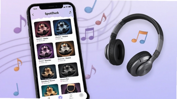 SpotiDuck智能推荐界面,手机展示个性化歌单列表,封面有各种音乐风格图案,背景是淡紫色渐变,旁边有耳机和音符装饰,整体氛围轻松时尚