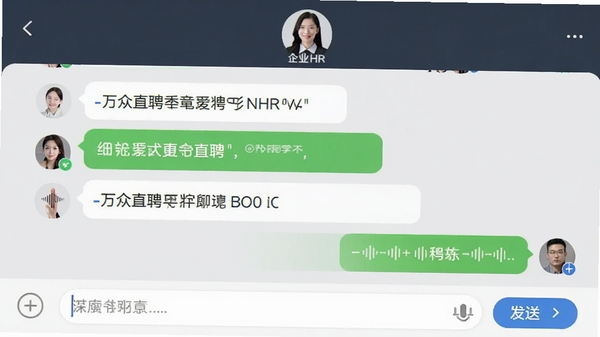 万众直聘在线聊天界面截图,对话气泡中包含文字和语音消息,顶部显示企业HR头像,底部有输入框和发送按钮,背景浅灰色,风格简洁现代
