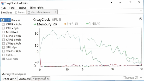 一张电脑任务管理器的截图，突出显示CrazyClock进程的CPU和内存占用率非常低，图表显示占用率极低，背景为任务管理器界面，整体风格简洁直观，突出软件轻量级的特性，画面中不要出现任何文字