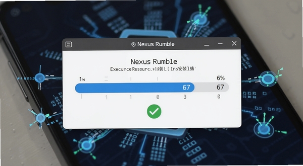 Nexus Rumble安装器正在执行资源安装的界面，画面中有一根蓝色的进度条显示百分之六十七，下方有文件校验通过的绿色对勾图标，背景是手机屏幕的微距特写，周围环绕着数据流与安装节点的抽象图形，风格偏向扁平化科技感