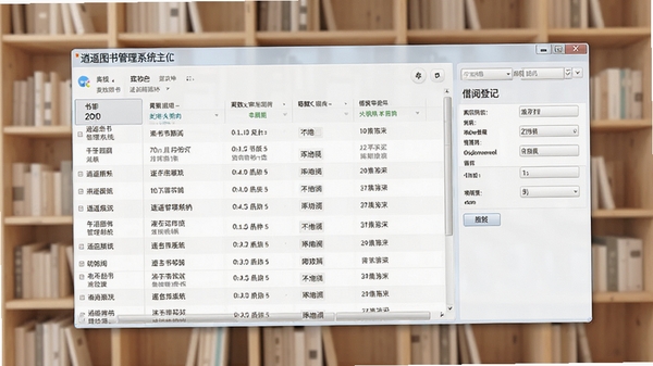 一幅展示逍遥图书管理系统主界面截图风格的宽幅图片,画面主体是软件清晰的书目列表与借阅登记面板,背景为整洁的木质书架,整体色调柔和明亮,体现高效与秩序感