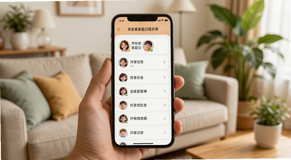 早安家家庭日程共享界面,手机屏幕展示家庭成员头像与共享任务列表,背景为客厅场景,有沙发与绿植点缀,画面温馨和谐,色彩柔和