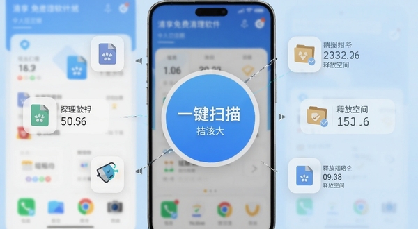 清享免费清理软件主界面展示，手机屏幕中央显示一键扫描大按钮，背景为浅蓝色渐变，周围环绕着垃圾文件图标和释放空间的数字，整体风格简约清新，画面主体位于正中，背景区域为虚化的手机系统界面，适配Boogu模型生成