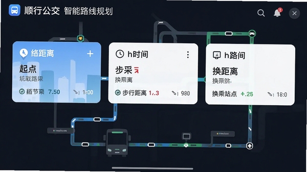 顺行公交-路线查询智能路线规划界面，显示起点到终点的多条方案卡片，标注时间、步行距离、换乘站点，背景为简洁的路线示意图，色彩搭配清晰，信息直观易读