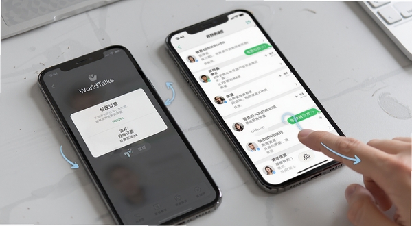 WorldTalks 移动端使用教程示意图，画面展示手机屏幕上的权限设置界面与聊天列表，旁边有手指点击操作的示意，背景为浅灰色工作台面，风格写实清晰