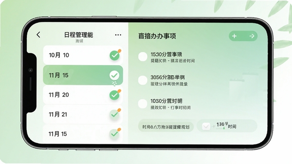 Soufit日程管理功能演示图，画面展示手机横屏界面，左侧为日期列表，右侧为待办事项详情，背景为柔和的绿色与白色渐变，界面元素包括勾选动画和提醒时间标签，整体风格清新自然，突出高效记录与规划的场景。