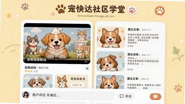 宠快达社区学堂页面,展示宠物训练视频教程和图文文章列表,有可爱的宠物插图,用户评论区互动,背景为淡黄色,学习氛围浓厚,插画风格