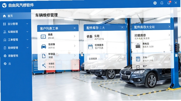 自由风汽修软件主界面预览图,展示车辆维修工单管理、客户列表、配件库存三大核心模块,界面简约商务风格,左侧导航栏清晰,背景为汽车维修车间场景,整体色调以蓝白为主,画面明亮清晰