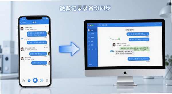 微聊天记录备份同步 功能展示图 画面左侧为手机备份界面 右侧为电脑端查看导出的HTML聊天记录 中间用箭头连接 整体色调为科技蓝与白色 简洁商务风格