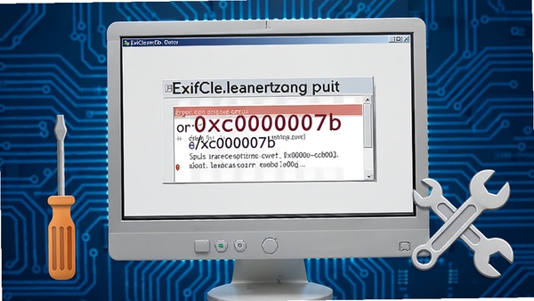ExifCleaner报错修复示意图,电脑屏幕显示错误代码0xc000007b,旁边有螺丝刀和扳手工具图标,背景为蓝色科技感电路板纹理,风格写实且具有指导意义,画面聚焦于问题解决主题