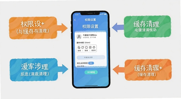 便捷房源信息发布系统操作教程示意图,画面中央手机屏幕显示权限设置与缓存清理步骤,旁边有箭头指引和文字标注,背景为淡灰色,扁平化教学风格
