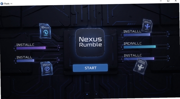 Nexus Rumble安装器应用主界面截图，画面中央展示安装器图标与启动按钮，背景为深色科技风格的游戏主题墙面，周围漂浮着数据包与安装进度条元素，整体色调以蓝紫为主，突出工具类应用的简洁与专业感