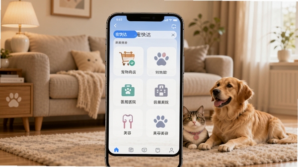 宠快达软件主界面预览图,展示宠物服务聚合平台,手机屏幕上有宠物商店、医院、美容图标,背景为温馨的客厅,宠物猫狗在旁,暖色调,高清渲染,UI设计现代简洁