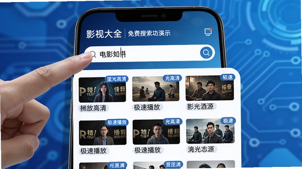 影视大全免费播搜索功能演示，手指点击搜索框输入电影名称，界面下方弹出多个不同来源的播放源列表，每个源标注有蓝光高清或极速播放标签，手机界面设计简洁，背景为渐变蓝色科技感，突出资源聚合的便捷性