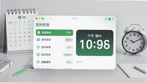 绿茵定时提醒精灵主界面预览图,展示简洁的定时任务列表和醒目的倒计时面板,背景为干净的浅灰色工作台,桌面有日历和时钟元素,整体风格现代清晰