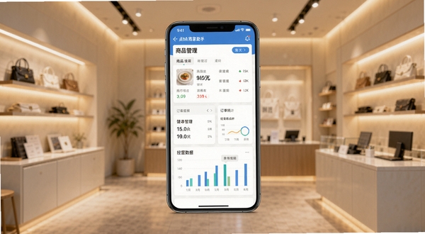 点BA商家助手软件主界面展示,画面中央为手机屏幕中呈现的店铺管理仪表盘,包含商品列表、订单统计和经营数据图表,背景区域为简约的现代商铺环境,暖色调灯光,整体风格专业清爽,突出移动端店铺管理场景