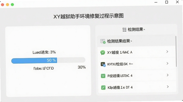 XY越狱助手环境修复过程示意图,显示扫描进度条与检测结果列表,背景为干净的浅灰色,风格简洁明了