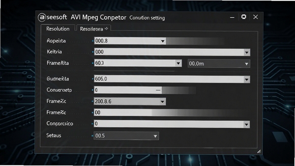 Aiseesoft AVI Mpeg Converter转换设置面板，显示分辨率、比特率、帧率等高级参数选项，界面专业，背景为深色科技纹理，强调软件的专业性和自定义能力。