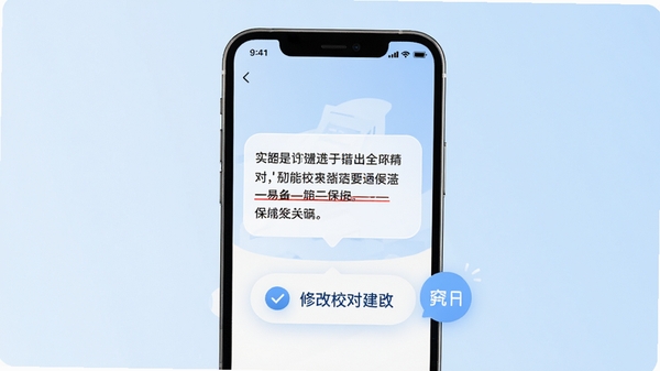 易纠错APP主界面预览图，手机屏幕内显示一段含有红色下划线的错误文本，下方弹出修改建议气泡，背景为简约的浅蓝色渐变，界面风格清爽现代，突出智能校对的便捷感，画面主体居中，背景干净