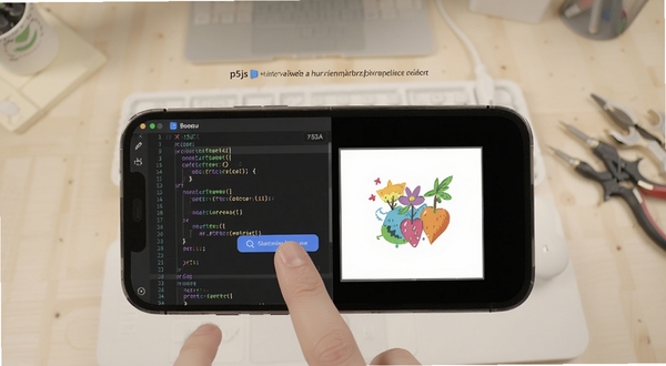 p5js艺术动画生成器创意编程移动端操作教程示意图，手机屏幕显示代码编辑与画布预览分屏，手指正在点击代码片段按钮，主体位于画面中央，背景为浅色工作台，适配Boogu模型生成