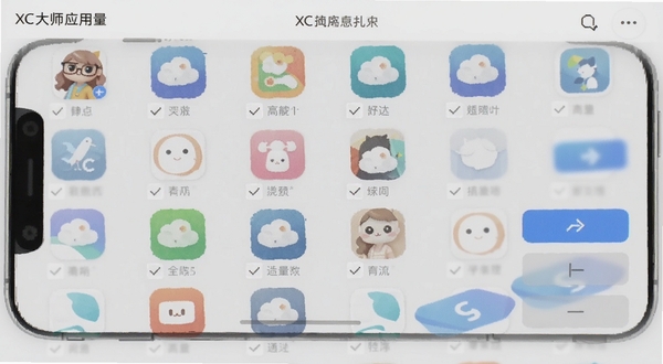 XC大师应用批量管理界面，手机屏幕显示多个应用图标排列整齐，带有勾选框和操作按钮，背景为柔和的浅灰色调，界面元素清晰有序，适配Boogu模型生成