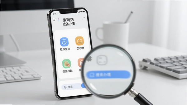 画面中手机屏幕显示“徽周到”政务办事界面,包含社保查询、公积金提取等图标,背景为简约办公桌面,前景有放大镜元素强调搜索功能,整体风格现代简洁,竖版构图。