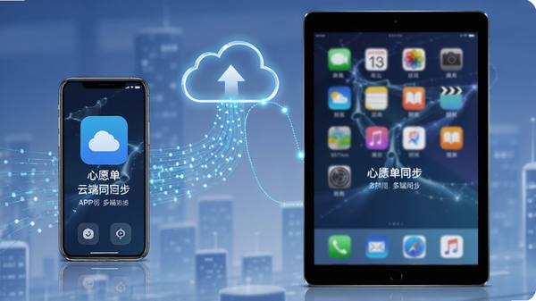 心愿清单APP云同步示意图,手机与平板设备通过云端连接,背景有数据流动线条,界面科技感强,突出多端同步功能